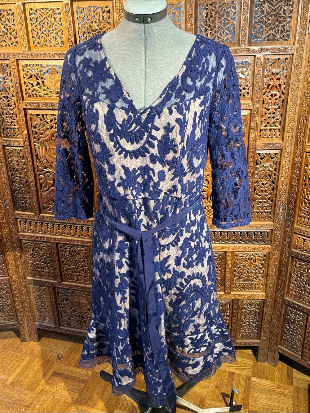 Adrianna Papell Purple Lace Overlay V-Neck Dress